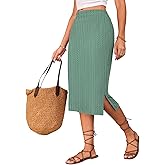 Naggoo Knitted Midi Skirts for Women Summer Elastic High Waisted Side Slit Long Skirt