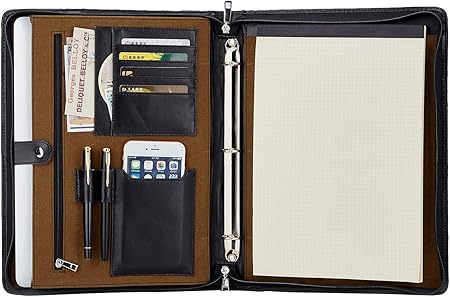 Amazon 手作りの本革3リングバインダー ポートフォリオフォルダー ジッパー付き 13 3インチタブレット ラップトップ用 ビジネスポートフォリオオーガナイザーバインダー レターサイズのノートホルダー付き ブラック ジェネラル 文房具 オフィス用品