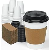 Ginkgo 100 Pack 12 oz Disposable Thickened Paper Coffee Cups with Lids and Sleeves, To Go Hot Coffee Cups, Hot Chocolate, Cocoa and Coffee Bar Supplies