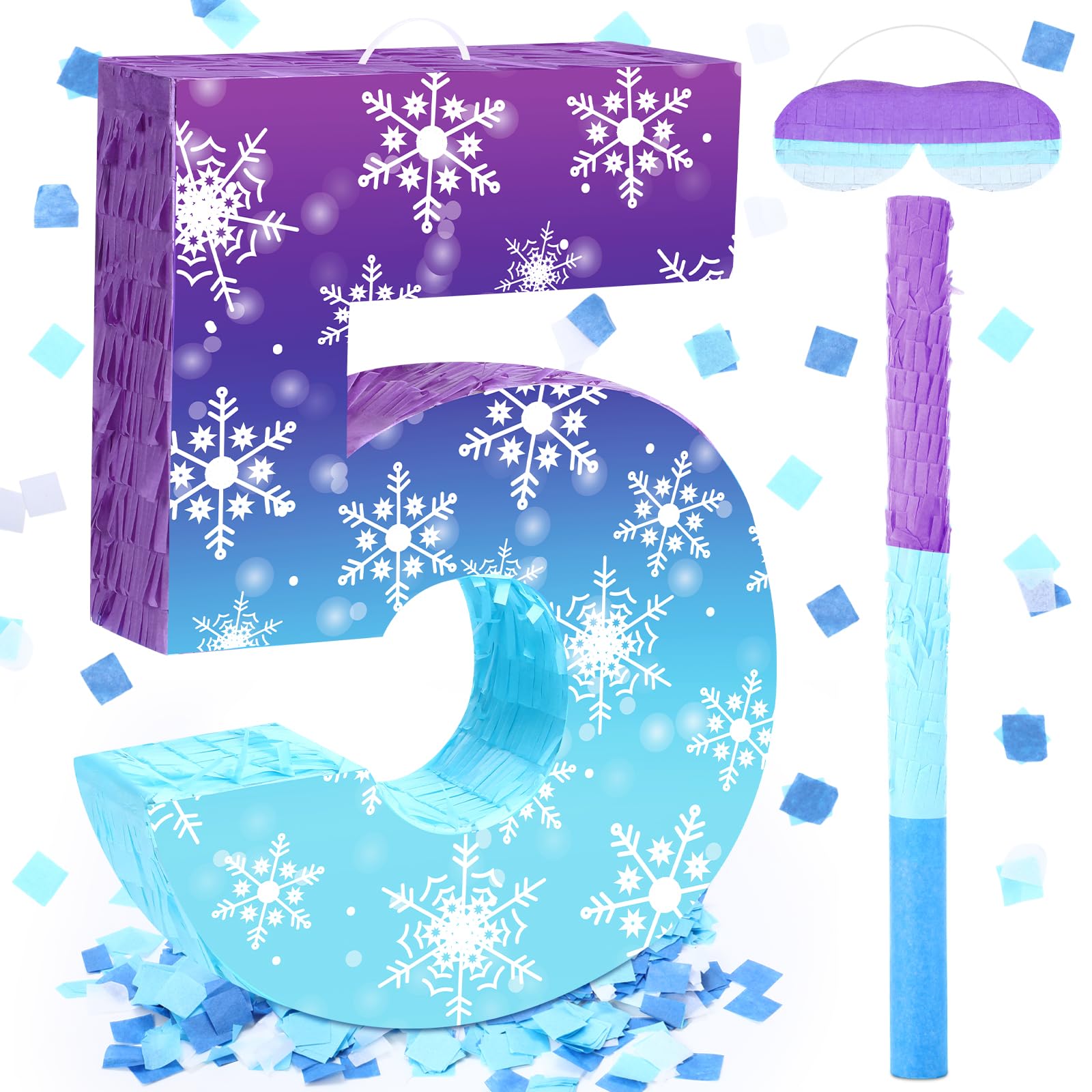 Photo 1 of Skylety Snowflake Birthday Decorations, Winter Wonderland Number 5 Piñata with Stick Blindfold and Confetti Snowflake Piñata 3rd Birthday Party Decorations Winter Princess Ice Party Supplies