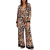 Fenghualzzniya Women Satin Pajama Set Floral Silk Pajamas 2 Piece Lounge Sets Button Down Shirts Wide Leg Pants Pjs Sleepwear