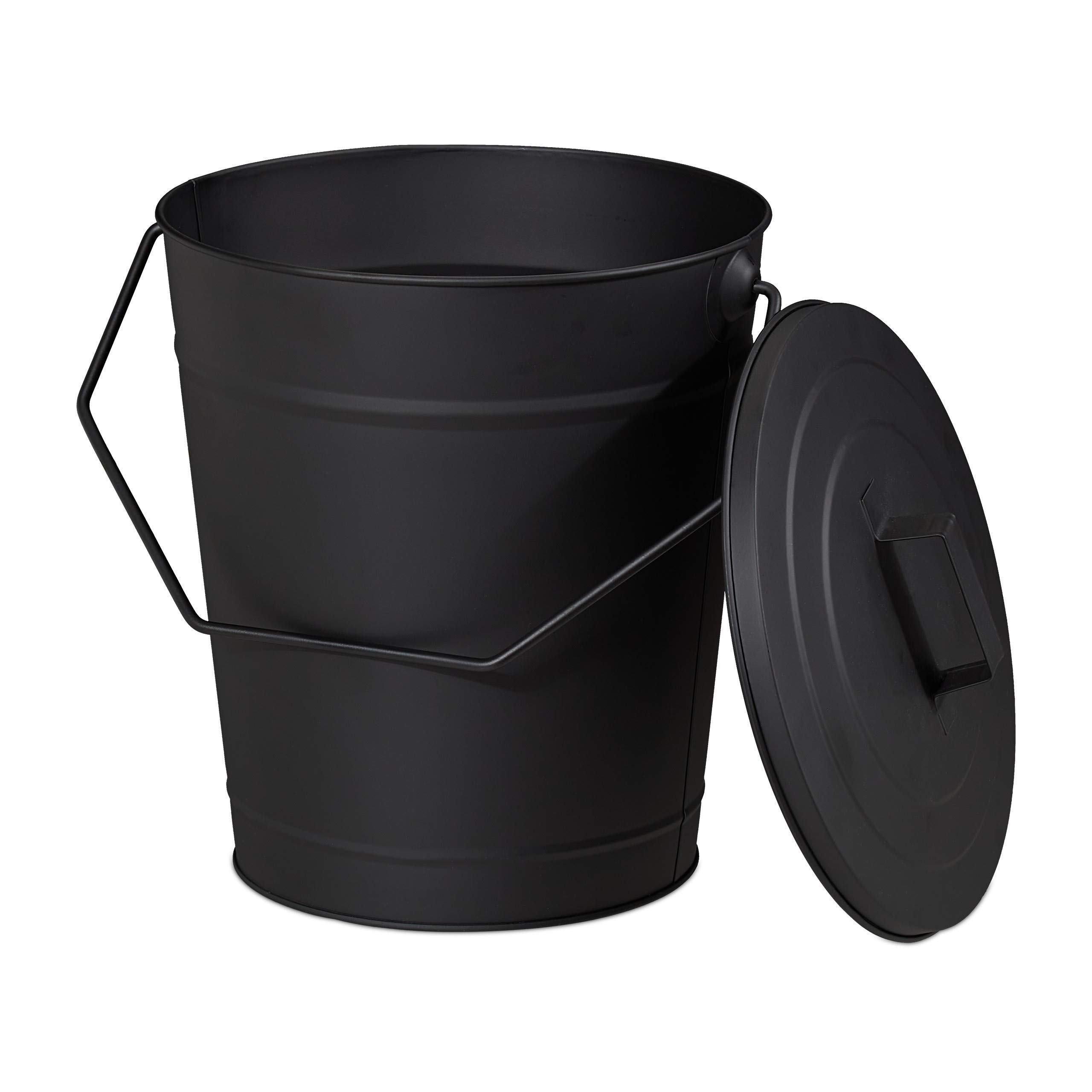 Relaxdays Ash Bucket with Lid, 12l, Charcoal Bin with Handle, Round, Fireplace/Stove/Barbecue, HWD: 34x32.5x28 cm, Black