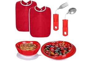 Jeere 6 Pcs Adaptive Utensil with Bib Bowl Plate Set Weight Cutlery Gift for Christmas Elderly Disabled Arthritis Parkinson(Red)