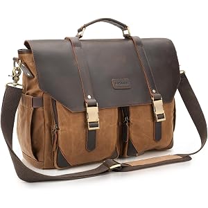 POLARE Waxed Canvas Full Grain Leather Messenger Bag for Men, Vintage 15.6" Laptop Briefcase for Work