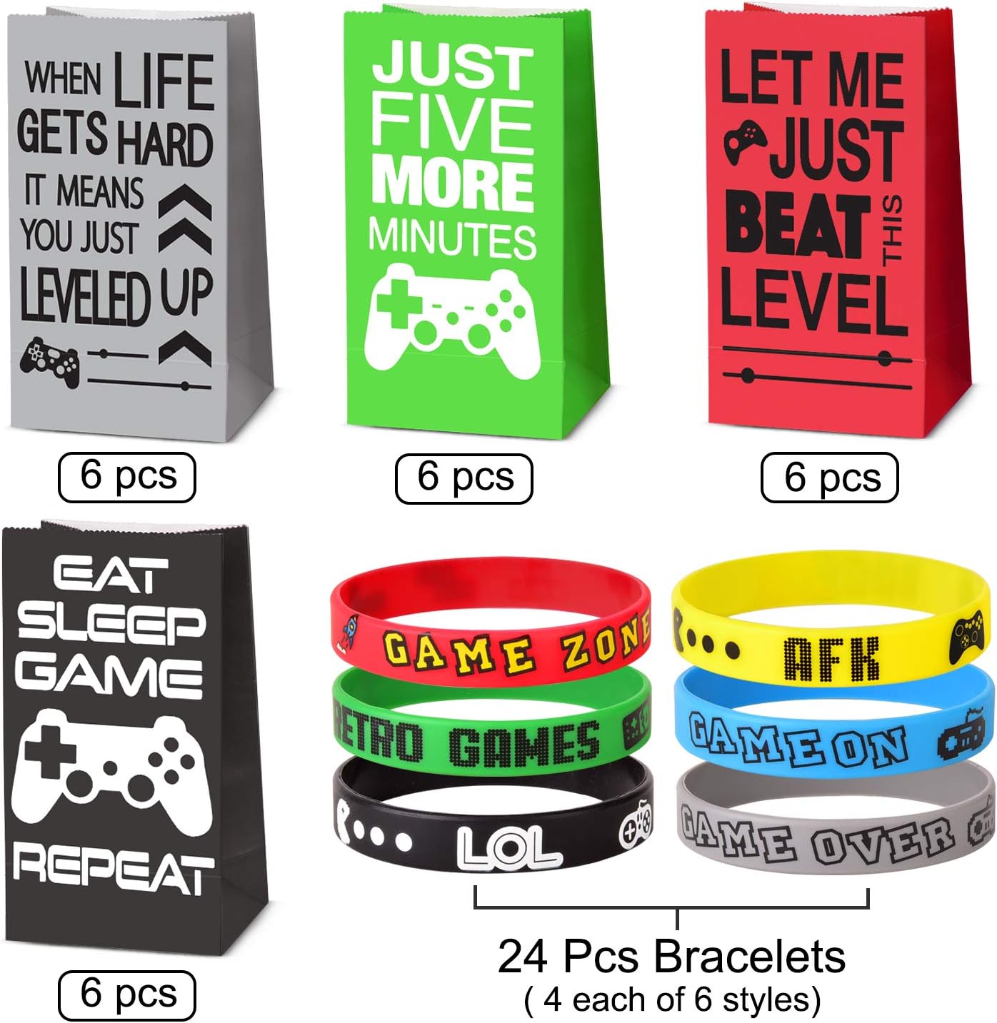 Game On Party Supplies Favors 24 Pieces Video Game Goodie Bags and 24 Pieces Video Game Bracelets Wristbands For Kids Birthday Video Game Party Supplies Favors: Toys & Games