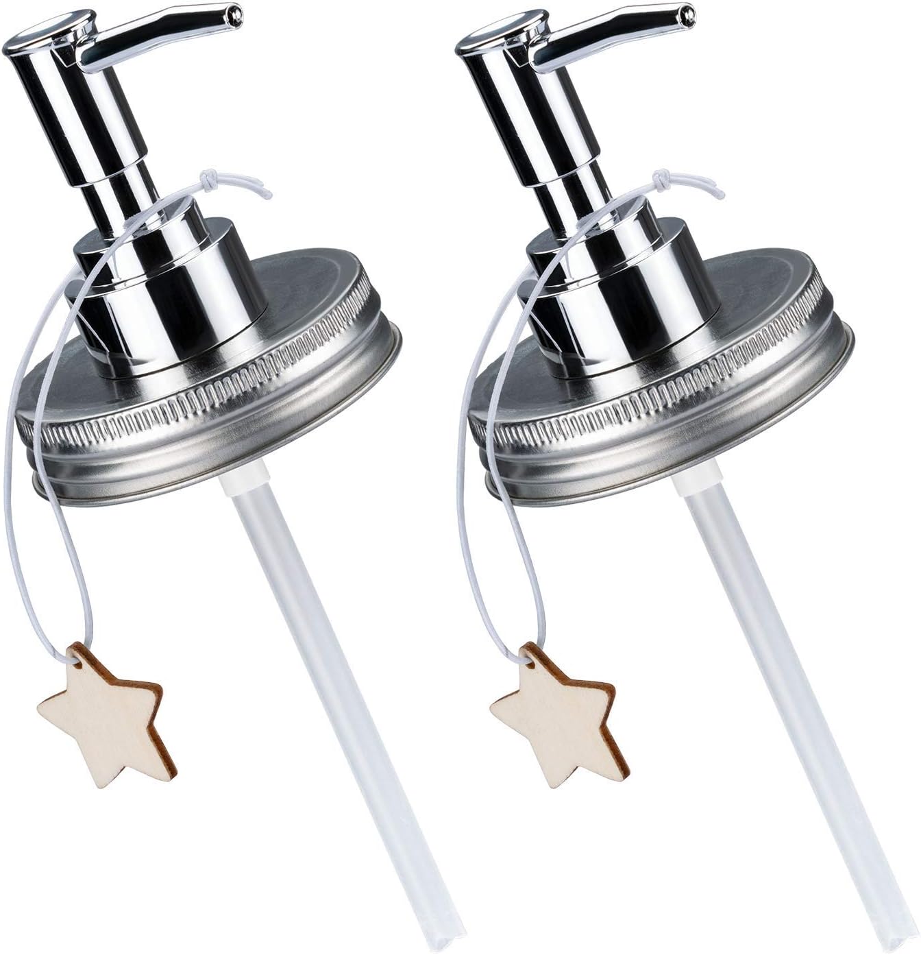muscccm (2 Pack Soap Dispenser Set, Mason Jar Pump Lid Soap Dispensers for Homemade Lotions, Shampoos and Massage Oils（with Star Shape Wood tag）