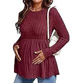 Ekouaer Womens Maternity Tops Long Sleeve Pregnancy Tunic Blouses Crew Neck Ribbed Shirts Pregnant Clothes