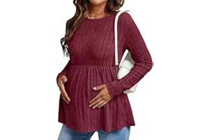Ekouaer Womens Maternity Tops Long Sleeve Pregnancy Tunic Blouses Crew Neck Ribbed Shirts Pregnant Clothes