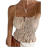 SweatyRocks Women's Ruffle Ruched Tie Front Spaghetti Strap Sleeveless Fitted Cami Tops