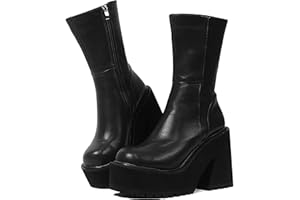AMINUGAL Womens Wedge Heel Ankle Boots Platform Zipper Punk Motorcycle Booties Chunky Block High Heel Round Toe Fashion Work Combat Boots Mid Calf For Women