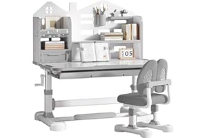 CHIOMEY Kids Desk and Chair Set - Height Adjustable Ergonomic Study Desk with Easy-Turn Crank, 50° Tiltable Desktop, Storage Drawer & Built-in Bookstand for Children Boys & Girls Ages 3-12 (Grey)