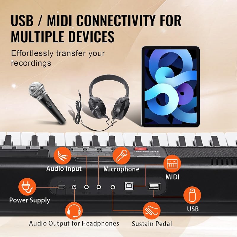 Piano digital portátil de 61 teclas com teclas iluminadas, suporte ajustável, 600 tons, 500 ritmos, colunas integradas, pedal de sustain, auscultadores, microfone, USB MIDI para iniciantes