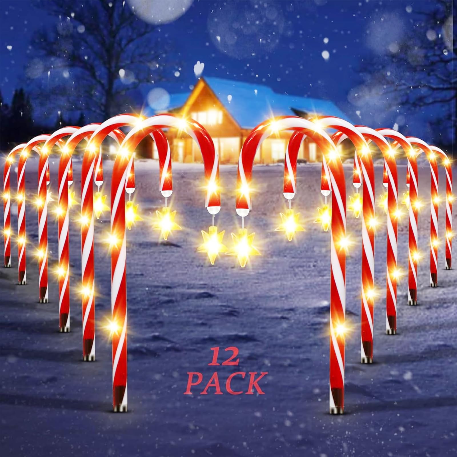 Photo 1 of 12 Pack Outdoor Christmas Decorations Solar Candy Cane Lights Solar Christmas Pathway Lights Outdoor Waterproof with Star & Bright LED 8 Modes Xmas Decorations for Outside Yard Garden
