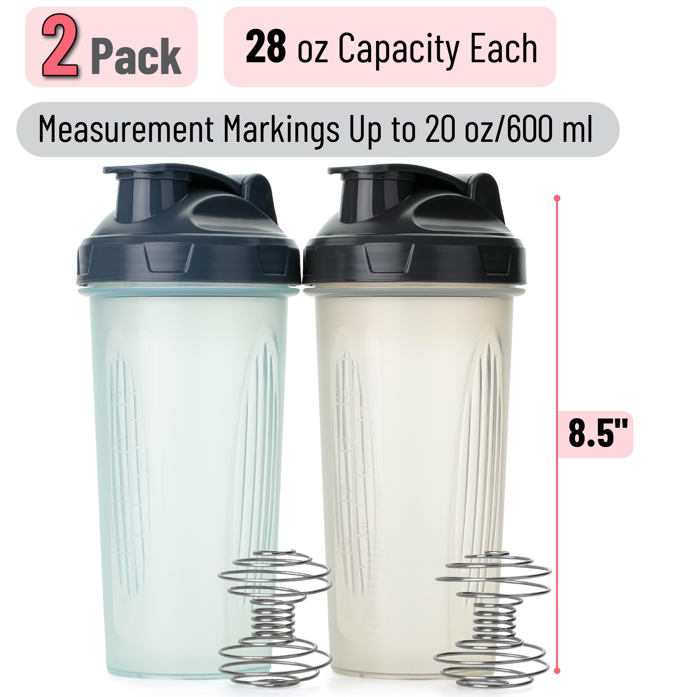 Mr. Pen Shaker Bottles for Protein Mixes, 28 oz, 2 Pack, Clear, Protein Shaker Bottle with Wire Whisk Ball, Blender Bottle