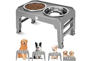 AIRMX Elevated Raised Dog Bowl Stand with 2 Stainless Steel Bowls, Adjustable Height for Medium Large Dogs, 12.36" - 3.7" Foldable Feeder, Grey