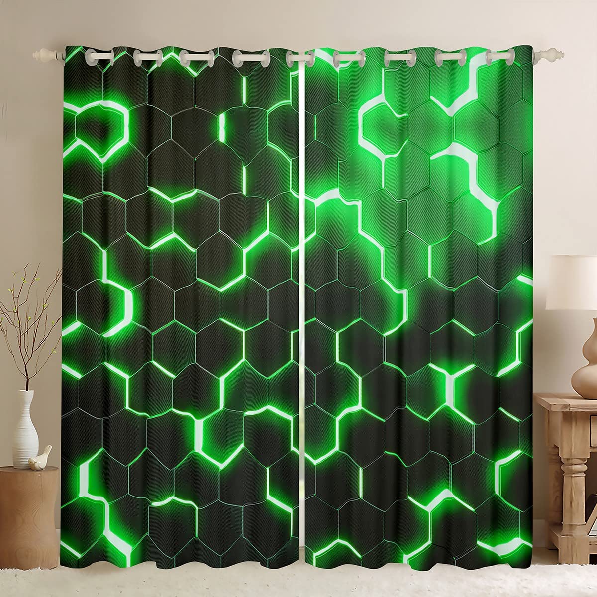 3D Honeycomb Curtains for Bedroom Hexagon Window Treatment Glitter Window Drapes Dark Green Window Draperies for Kids Boys Girls Adults W46*L54