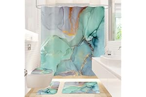 Gibelle 4 Pcs Shower Curtain Set with Non-Slip Rugs Toilet Lid Cover and Bath Mat, Green Marble Bathroom Decor Set with Accessories