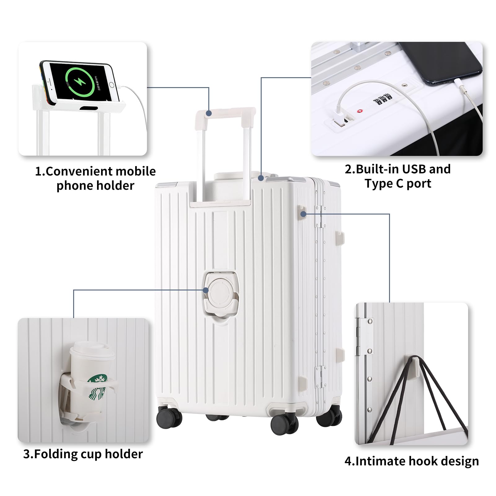 YUNASAY Aluminium Frame Carry on Luggage with Spinner Wheels and TSA Lock, PC Hardside Suitcase with Front Pocket, USB Port, Cup Holder& Phone Holder(White, 20 inch)
