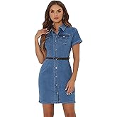 Allegra K Women's Denim Shirt Dress Collar Short Sleeve Belted Button Up Jean Dresses