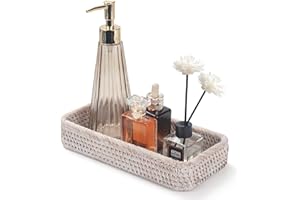 DECRAFTS Rattan Bathroom Vanity Trays Toilet Tank Baskets Long Narrow Hand Towel Storage Basket for Storage, Decorative (Whitewash 10.2 x 4.9 x 1.6 inch)