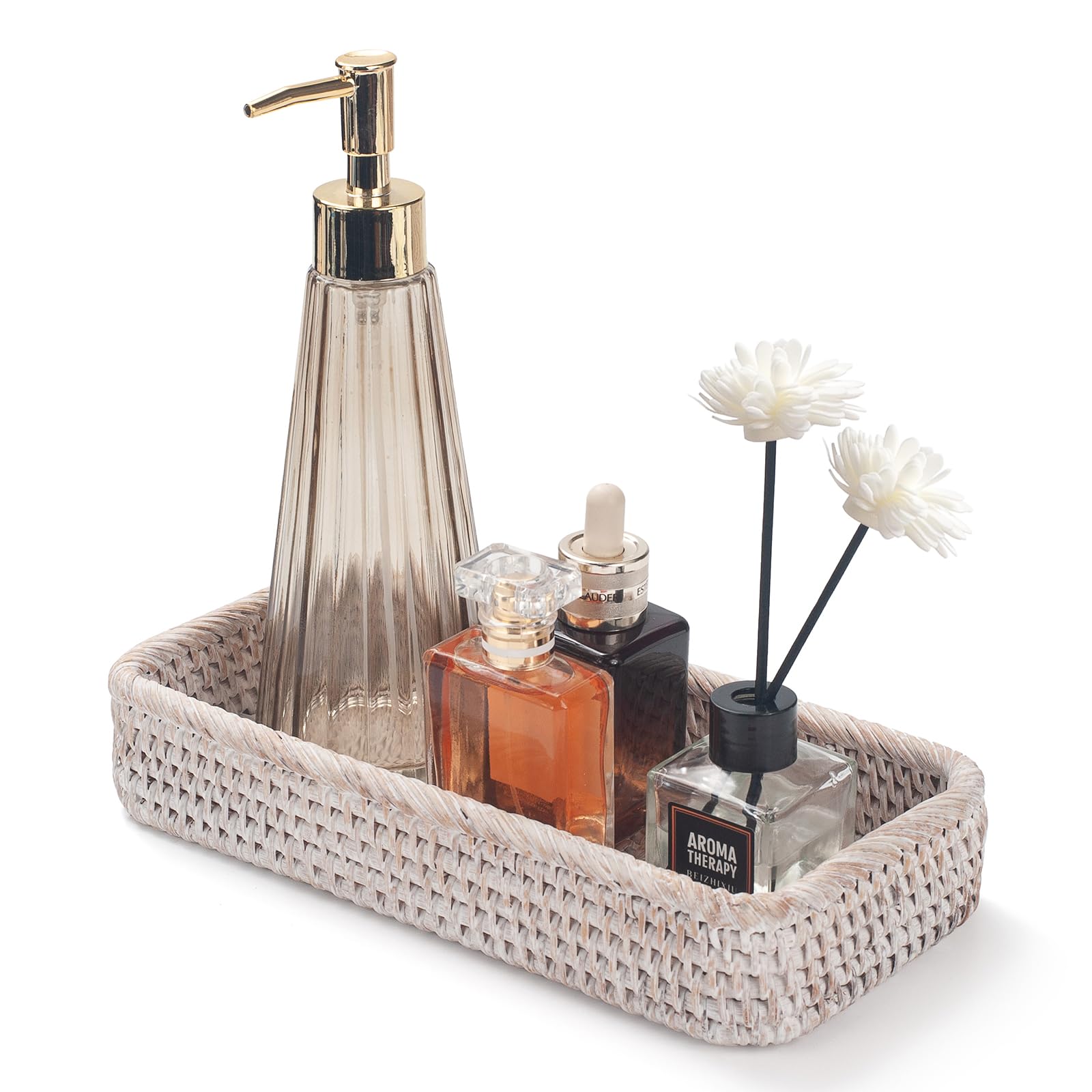 Rattan Bathroom Vanity Trays Toilet Tank Baskets Long Narrow Hand Towel Storage Basket for Storage, Decorative (Whitewash 10.2 x 4.9 x 1.6 inch)