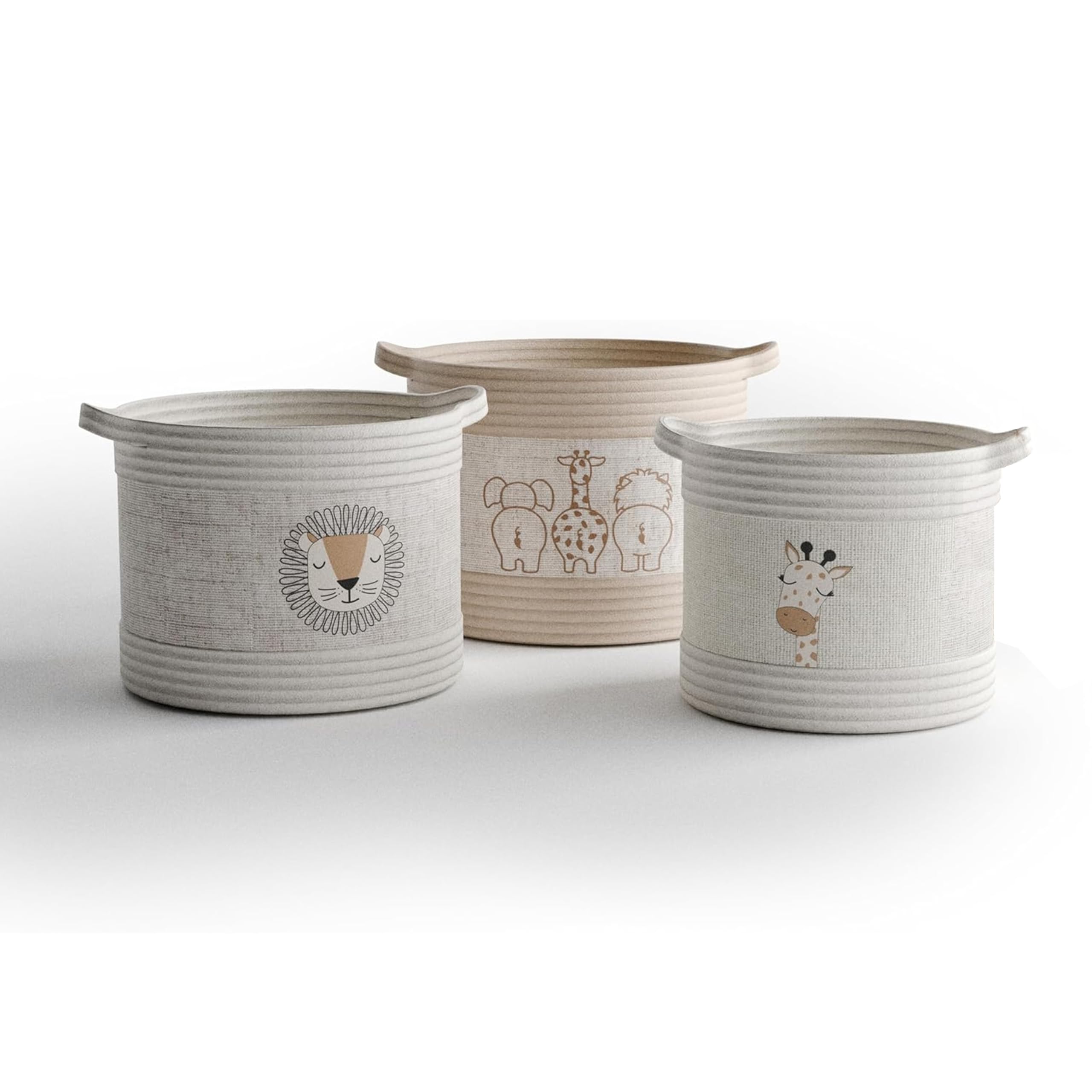 Photo 1 of RGI Home Decorative Storage Baskets with Safari Animal Prints – Set of 3 Round Fabric Rope and Linen Organizer Bins for Nursery or Playroom, Multi-Sized with Easy-Carry Handles, Ivory, Tan, and Linen