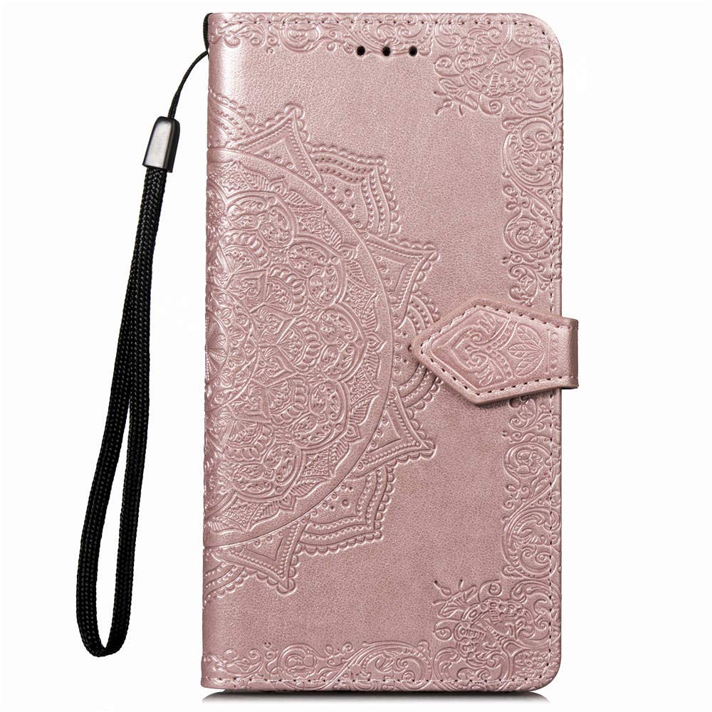 Moto G9 Plus Case, Flip Shockproof PU Leather Embossed Mandala Wallet Card Slots Phone Case with Magnetic Closure Stand Silicone Bumper Protective Skin Cover for Motorola Moto G9 Plus - Rose Gold