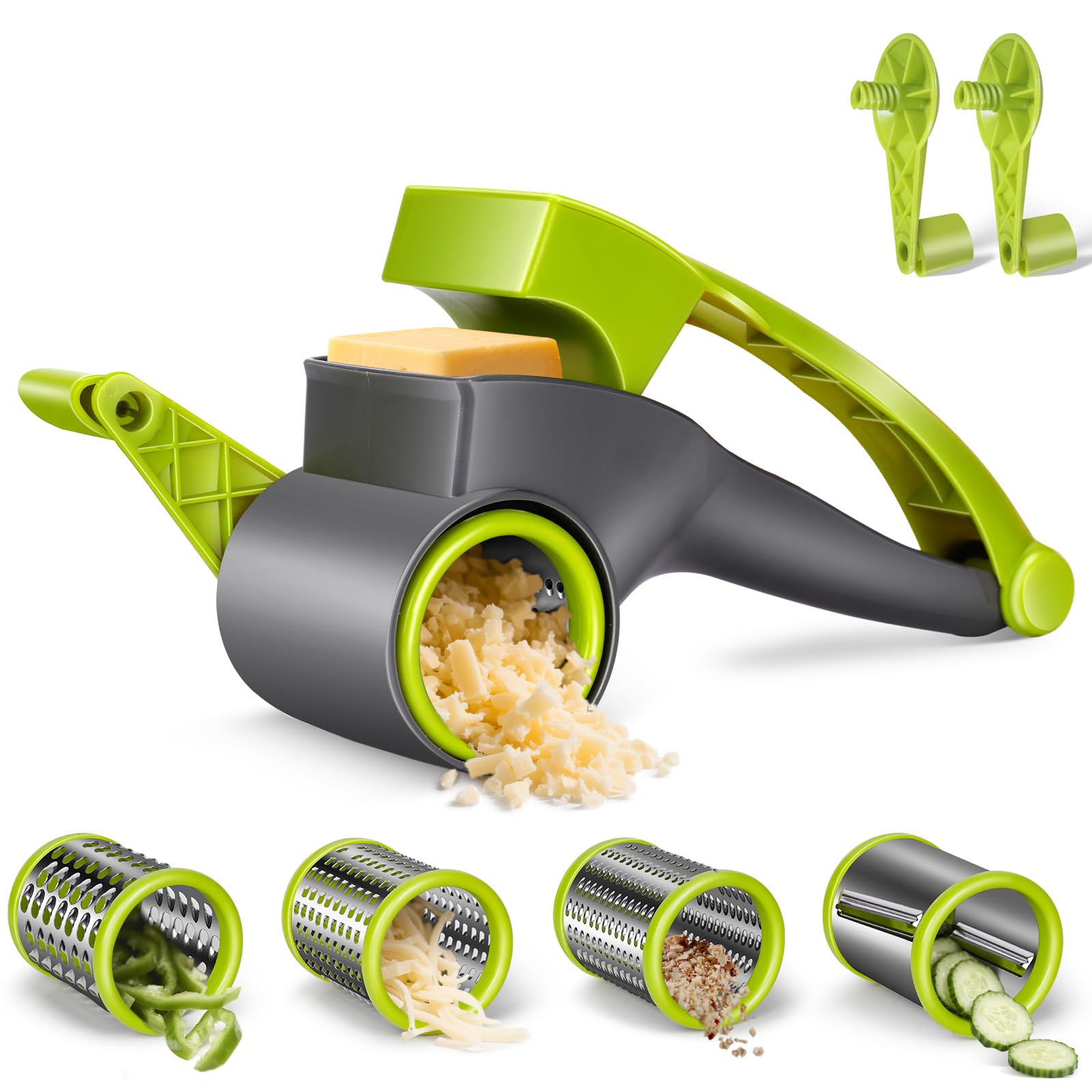 Pawchop Cheese Grater, Rotary Cheese Grater with 4 Stainless Steel Blades, Parmesan Cheeses Rotary Graters Cutter Slicer for Kitchen Garlic Ginger Vegetable Chocolate,Send 2 Handles