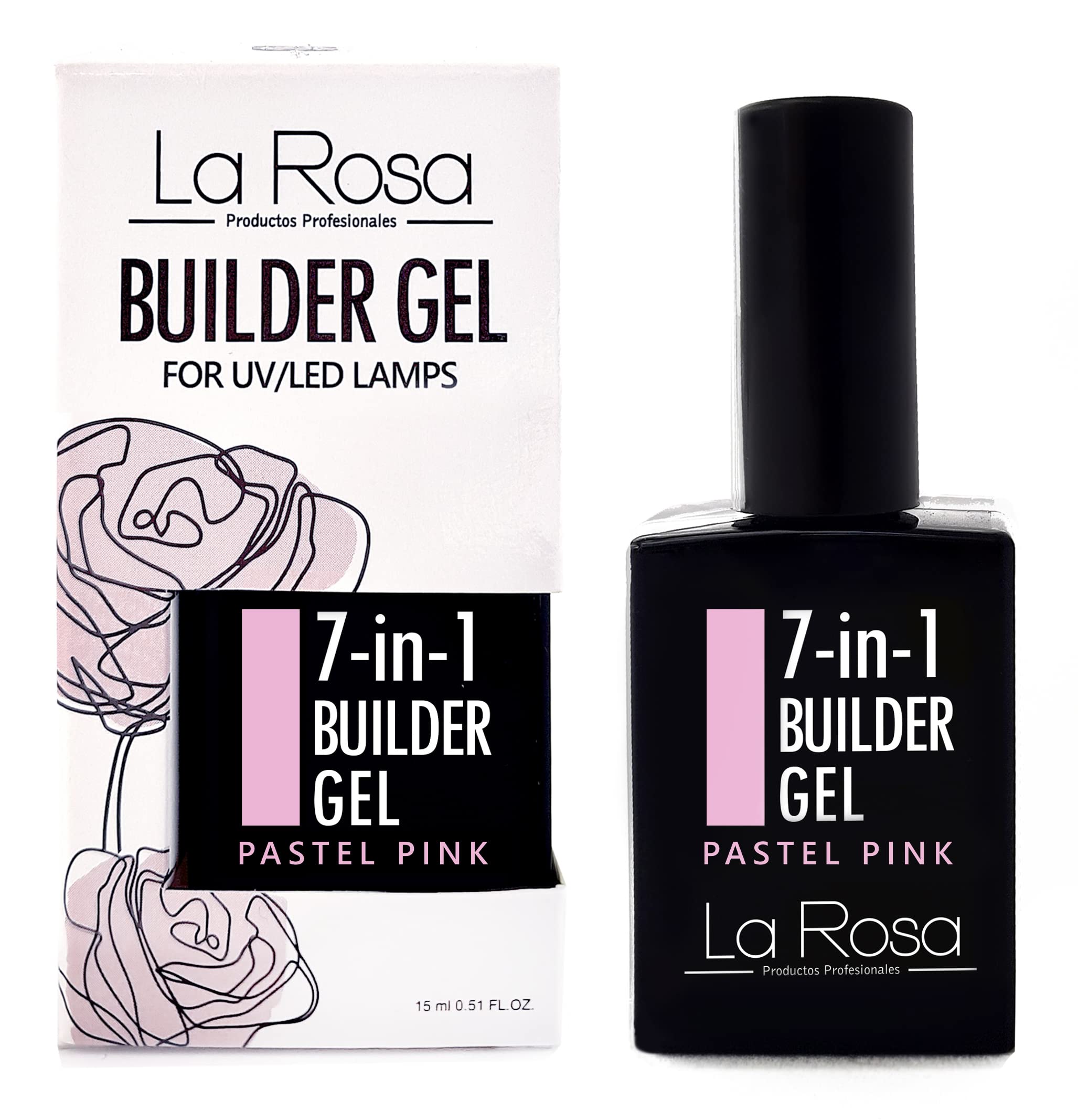 LaRosa 7-in-1 Builder Base Strengthening Gel 15ml, BUILDER GEL in a Bottle, BIAB, UV/LED Nail Polish Coat for Hard Strong Nails Tips & Extensions, For Nail Art Decoration - LIGHT PASTEL PINK