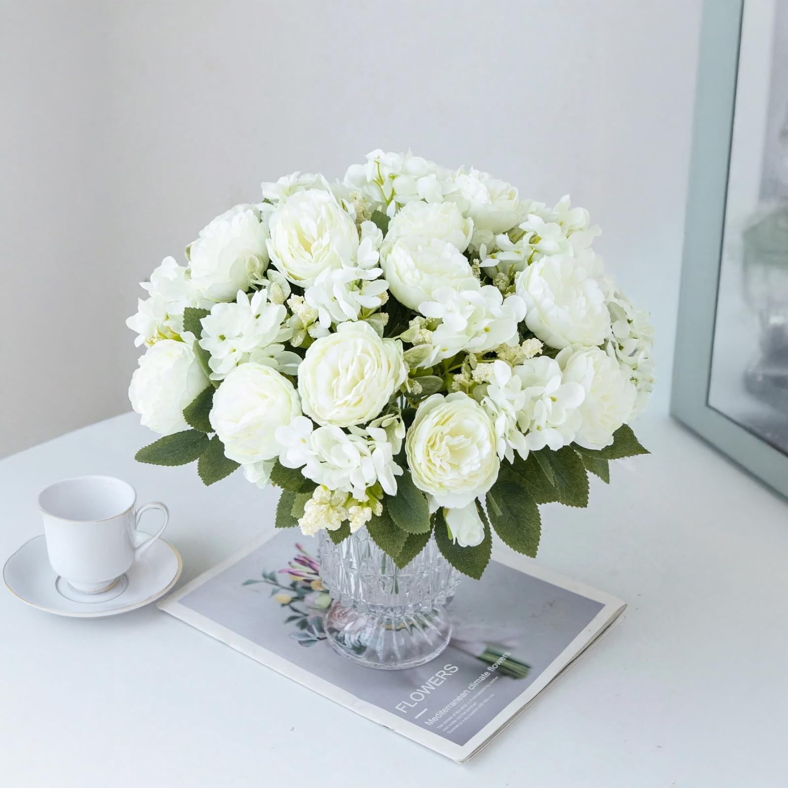 Songkuiwang Gorgeous 4 Bunches of Silk Peony Artificial Flowers - White Peonies Bouquets for Wedding Party, Home Decor