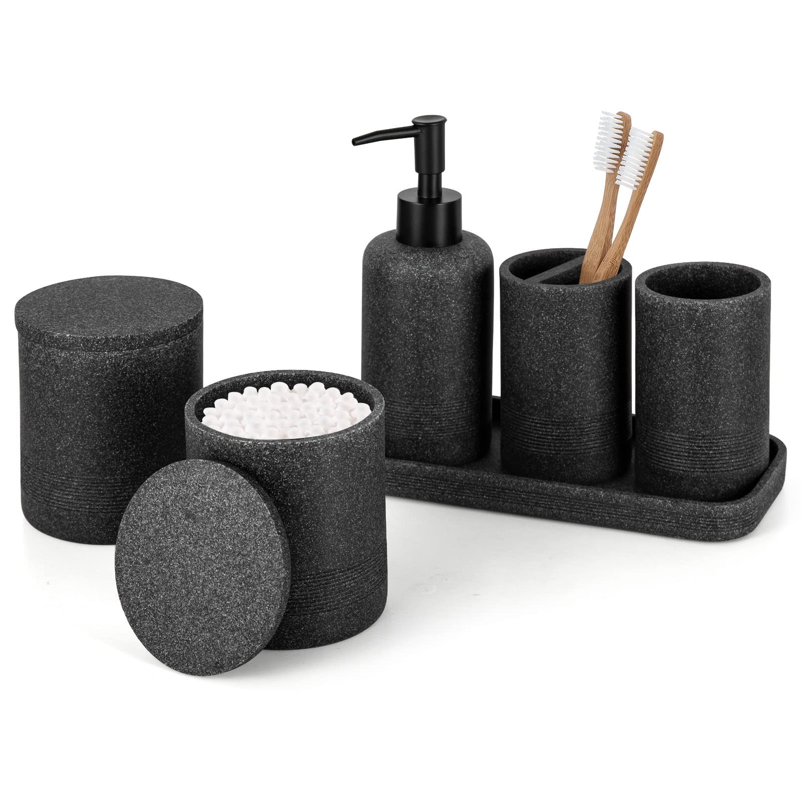 ZCCZ Black Bathroom Accessory Set 6 Pieces - Organiser With Toothbrush Holder, Lotion Soap Dispenser, Vanity Tray and 2 Qtip Holders - Modern Decor Accessories
