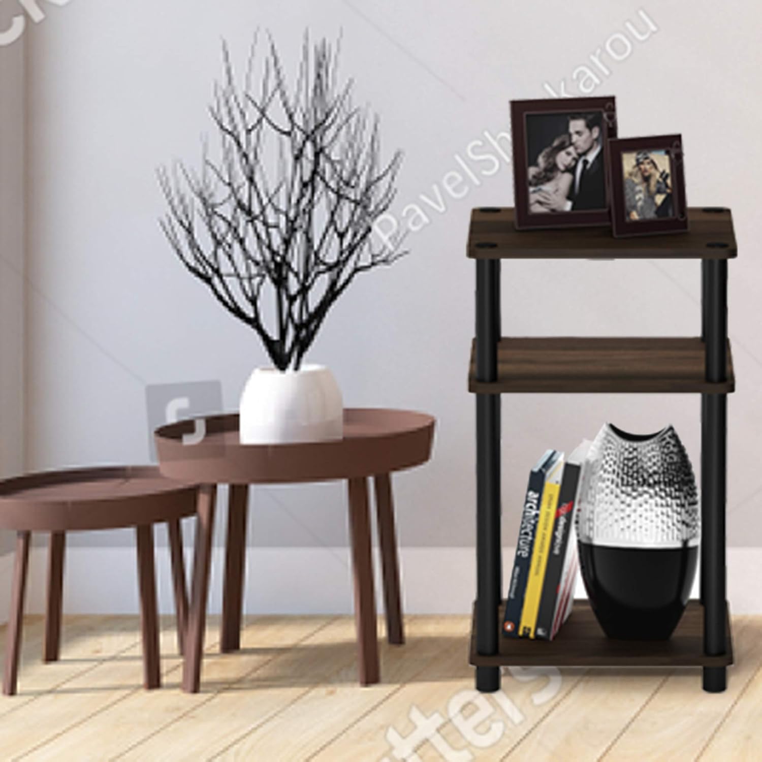 FURINNO Just 3-Tier End Table, 1-Pack, Columbia Walnut/Black: Furniture & Decor