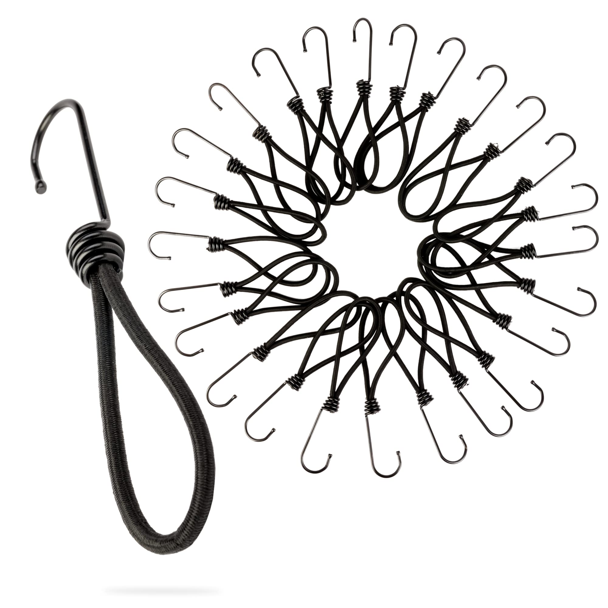 PRETEX Heavy Duty Bungee Cords with Hooks - Set of 25pcs x 7in Outdoor Cord Straps and Fixings - Bulk Bungees Perfect as Garage Organizer or Tie Down for Travel