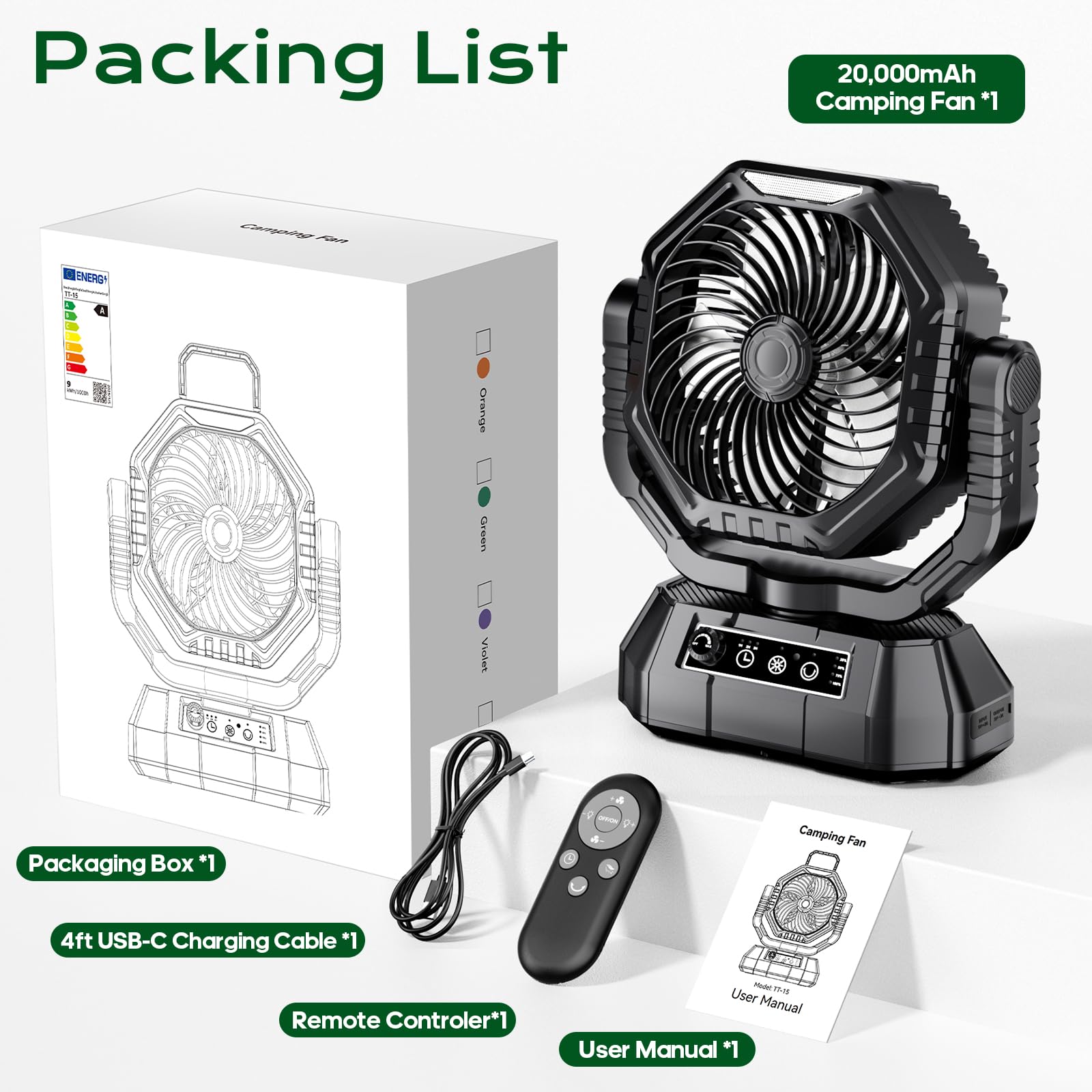 HAWANA Portable Fan Rechargeable，20000mAh Camping Fan with 360° Airflow, Battery Powered Ventilador Recargable with Stepless Wind Speeds, 3 Timing, Hanging Hook for Camping, Tents, BBQ, Fishing-Black