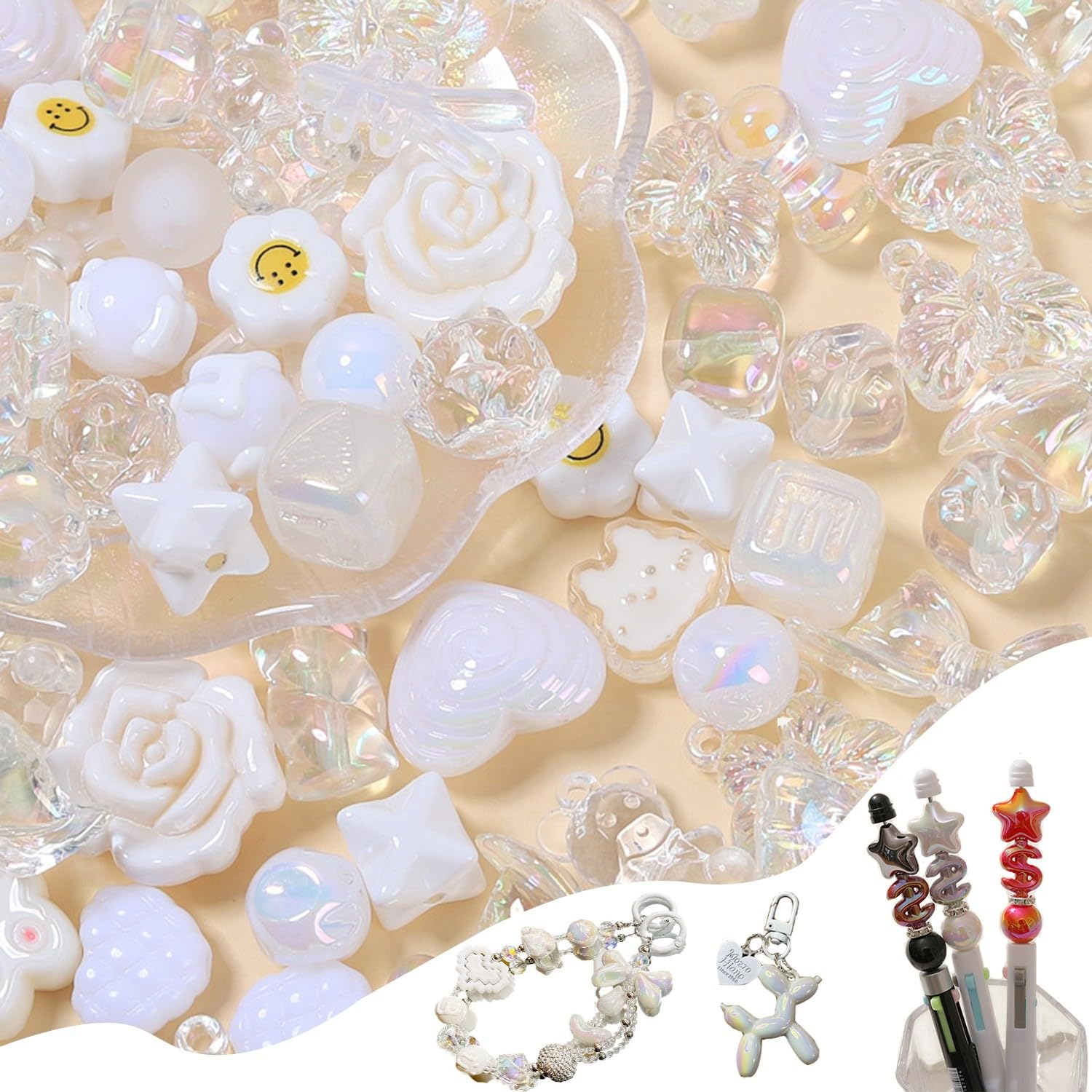 Photo 1 of 45-60PCS Large Acrylic White Beige Glitter Assorted Beads for Bracelet Making UV Plating Focal Beads for Pens Round Flower Bow Bear Heart Butterfly Star Cute Bead for DIY Jewelry Keychain Phone Charms