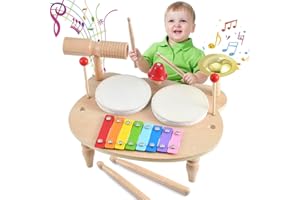 Ehome Kids Baby Drum Set, 10 in 1 Baby Musical Instruments Toys Toddlers Montessori Wooden Xylophone Preschool Music Kit Percussion Tambourine Toys Birthday for Boys and Girls