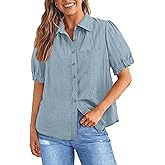 PRETTYGARDEN Womens Summer Short Sleeve Button Down Shirts V Neck Collared Casual Blouse Tops with Pockets