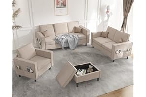 Mjkone 4 Pcs Sofa Couch Set with Storage Ottoman, Living Room Set Has Storage Pockets, Living Room Furniture Includes 3-Seater + Ottoman + Loveseat + Single Sofa (Beige)