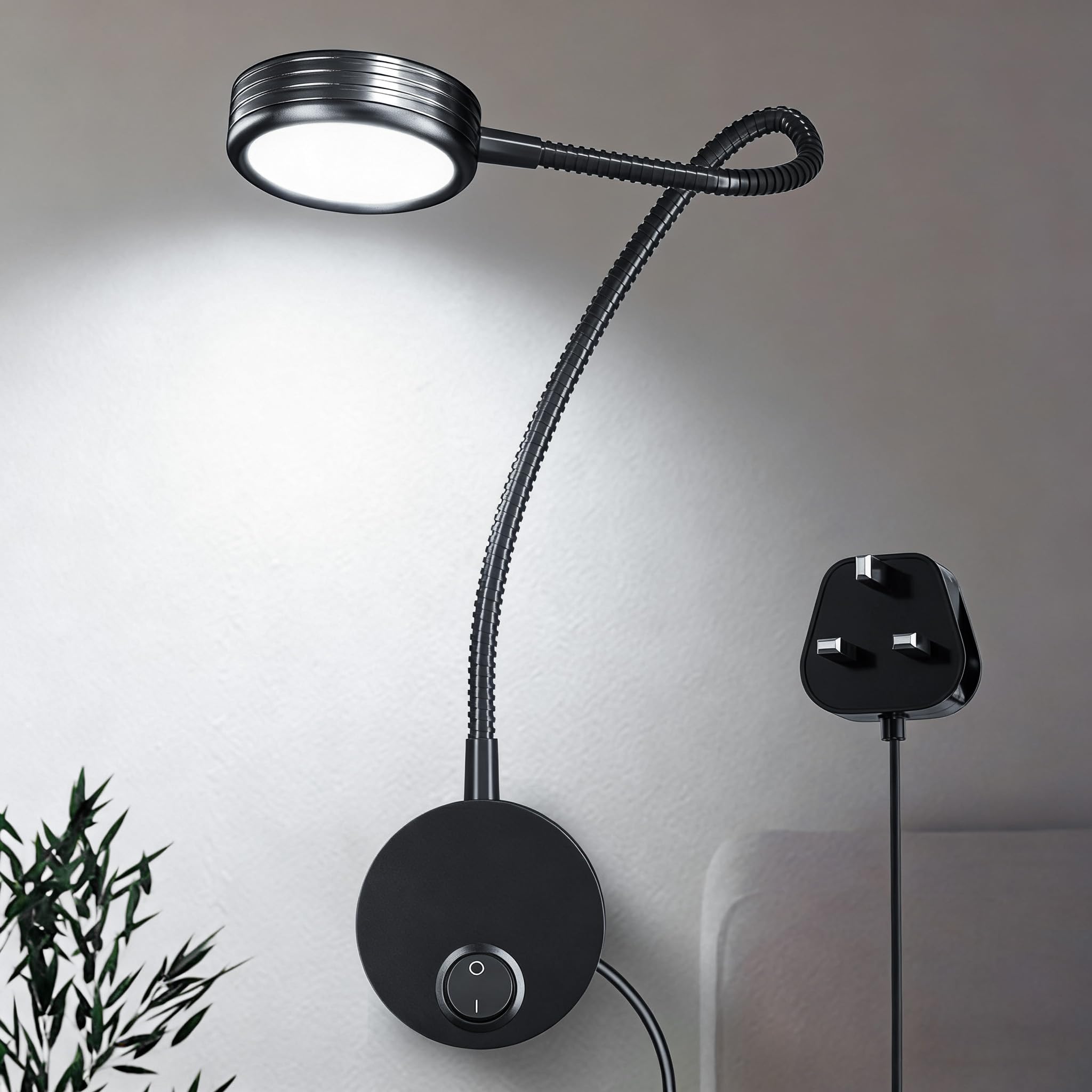 Bonlux 5W Wall Mounted Reading Light, Flexible Gooseneck LED Wall Lamp Headboard Light Cool White 6000K with Plug & Switch for Books in Bed, Studying, Nightlight, Working Light