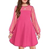 Arshiner Girl's Contrast Mesh Puff Long Sleeve High Waist A Line Short Dress with Pockets for 6-13 Years