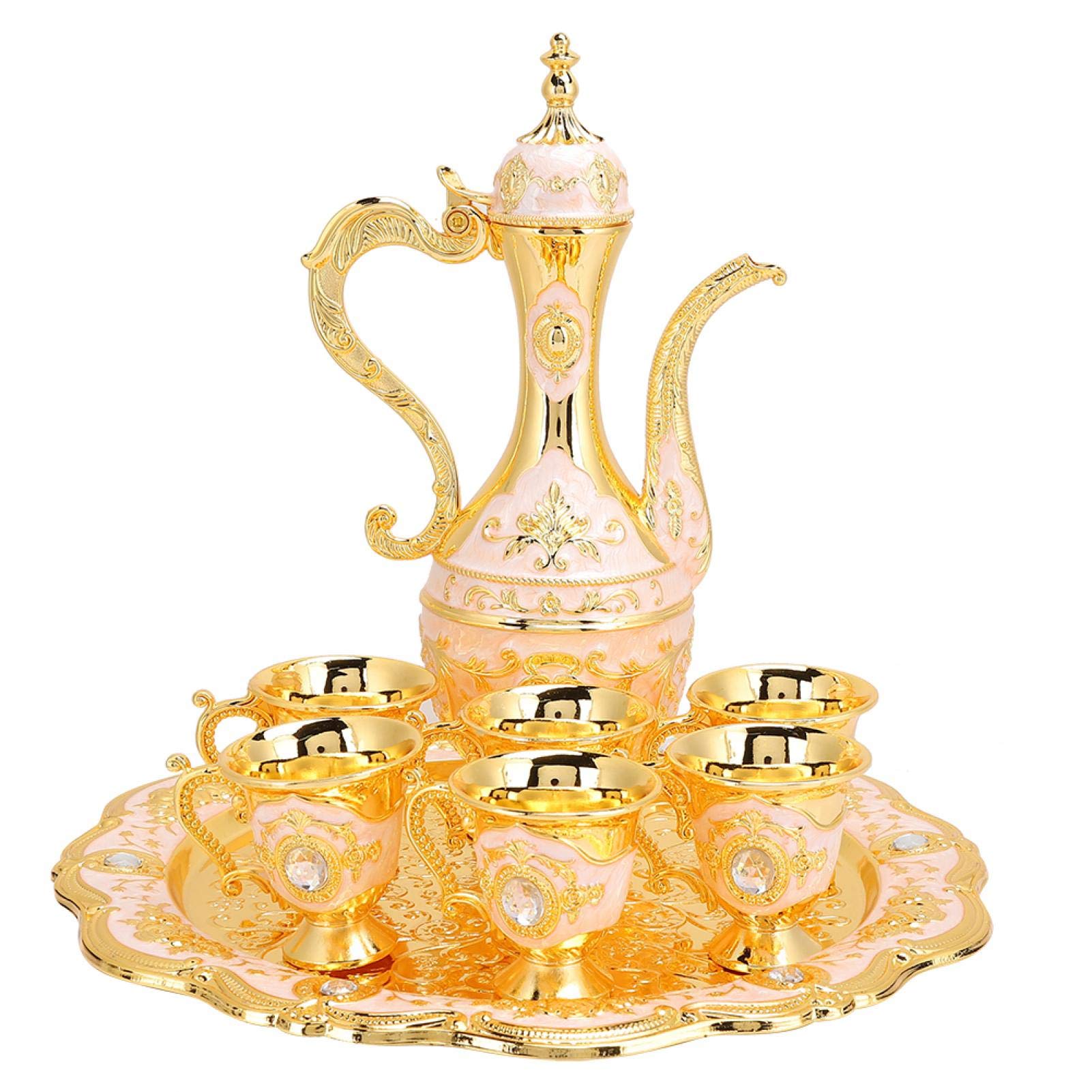 Vintage Turkish Coffee Pot with 6 Coffee Cups, Metal Turkish Tea Set Including Craft Tea Tray Teapot and Tea Cups for Wedding Gift (Golden Pink)