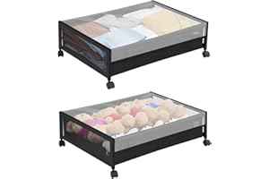 SEHERTIWY 2 Packs Under Bed Storage with Wheels, Black Metal Under Bed Storage Containers with Handles, Underbed Shoe Storage Organizer for Bedroom Clothes Shoes Blankets Bedding Toys