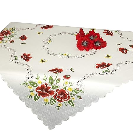 Tischdecke Mitteldecke ROTER MOHN / weiße Druckmotivdecke / 85x85 cm / moderne Tischdecke für Küche, Wohnzimmer und Garten