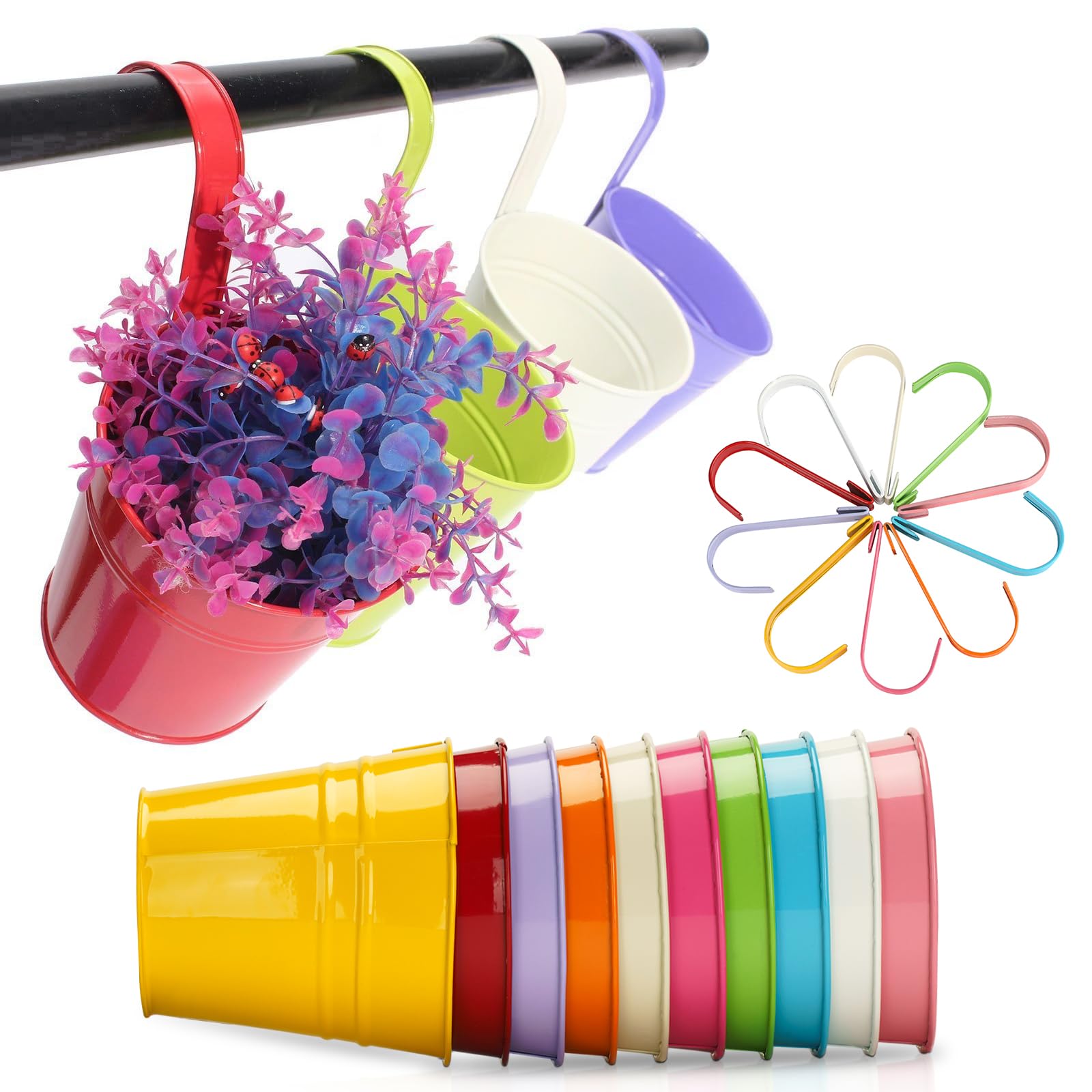 KINGLAKE 10Pcs 16cm Metal Hanging Plant Pots with Detachable Hook, Colored Fence Flower Pots Garden Hanging Planter Bucket Flower holder for Balcony Fence Railing Garden Home Décor