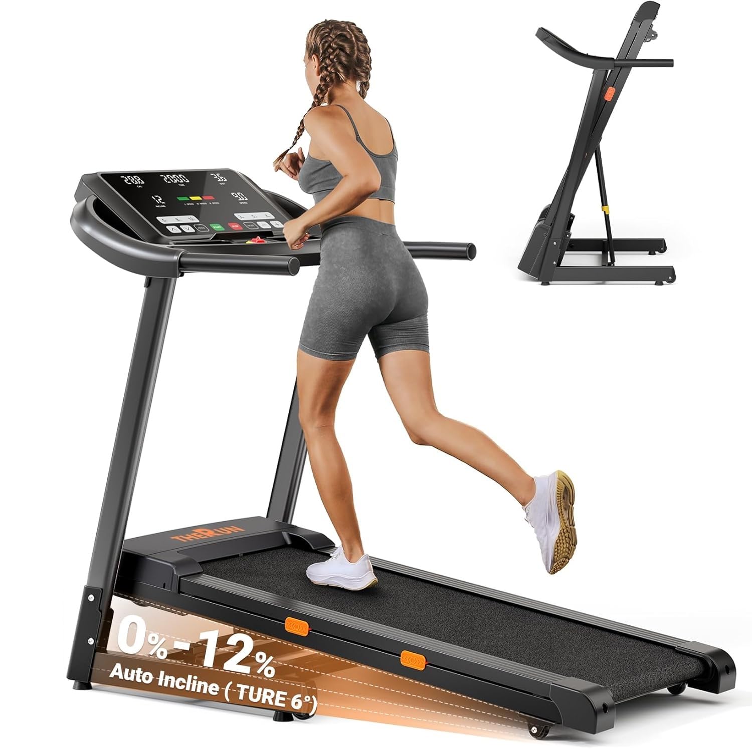 Photo 1 of THERUN Incline Treadmill, 0-12% Auto Incline Treadmills for Running and Walking, 300 lbs Weight Capacity Folding Treadmills with Wide Belt, 3.0HP, 18" LED Screen, 2 Layers Shock-Absorbing