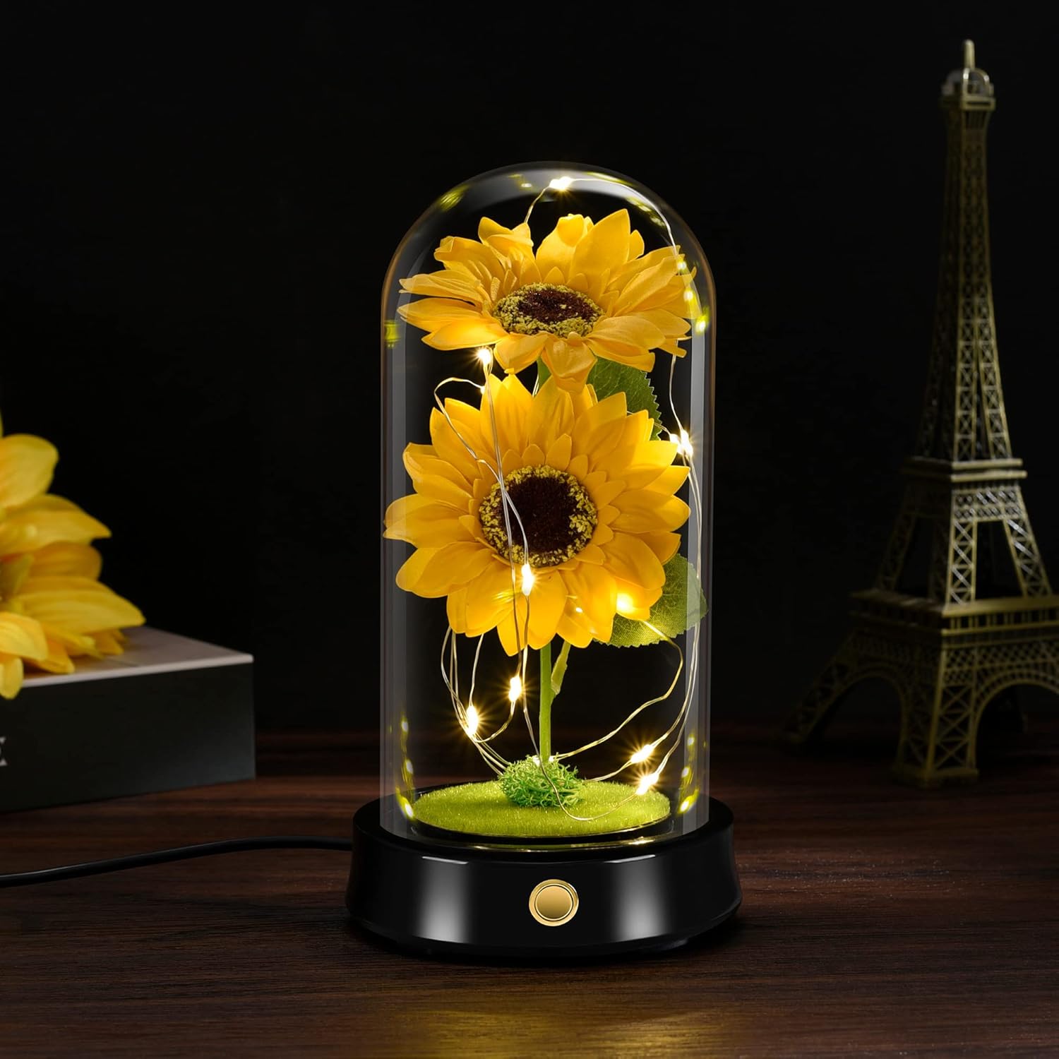 Dried & Preserved Flora - Sunflower Gifts for Women, Lighted Sunflowers in Glass Dome, LED Sunflower Lamp, Romantic Gifts for Her on Mother's Day, Birthday, Home Office Decoration