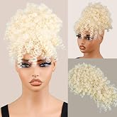 builson Drawstring Ponytail, Afro Puff with Bangs, 613 Light Blonde | Kinky curly afro puff ponytail extension with bangs and drawstring design for natural hair updo styles