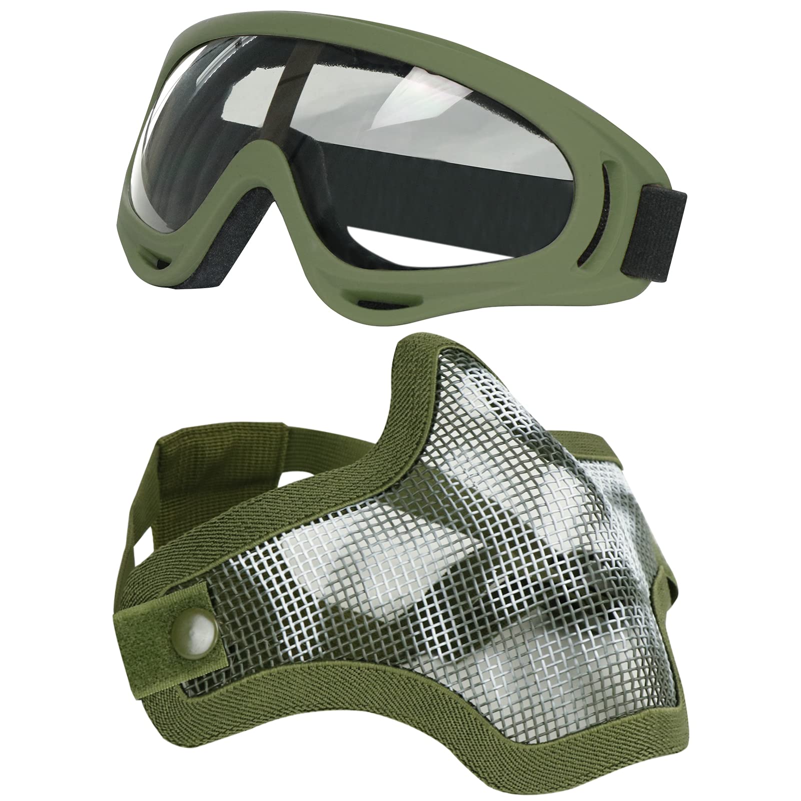 AOUTACC Airsoft Half Face Masks Steel Mesh Mask and Goggles Set for CS/Hunting/Paintball/Shooting (OD with Pattern)