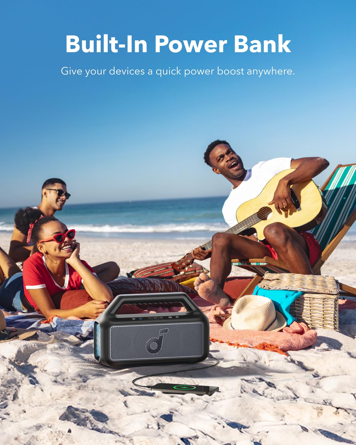 Soundcore Boom 2 by Anker, Outdoor Speaker, 80W, Subwoofer, BassUp 2.0, 24H Playtime, IPX7 Waterproof, Floatable, RGB Lights, USB-C, Custom EQ, Bluetooth 5.3, Portable for Camping and Beach - Black