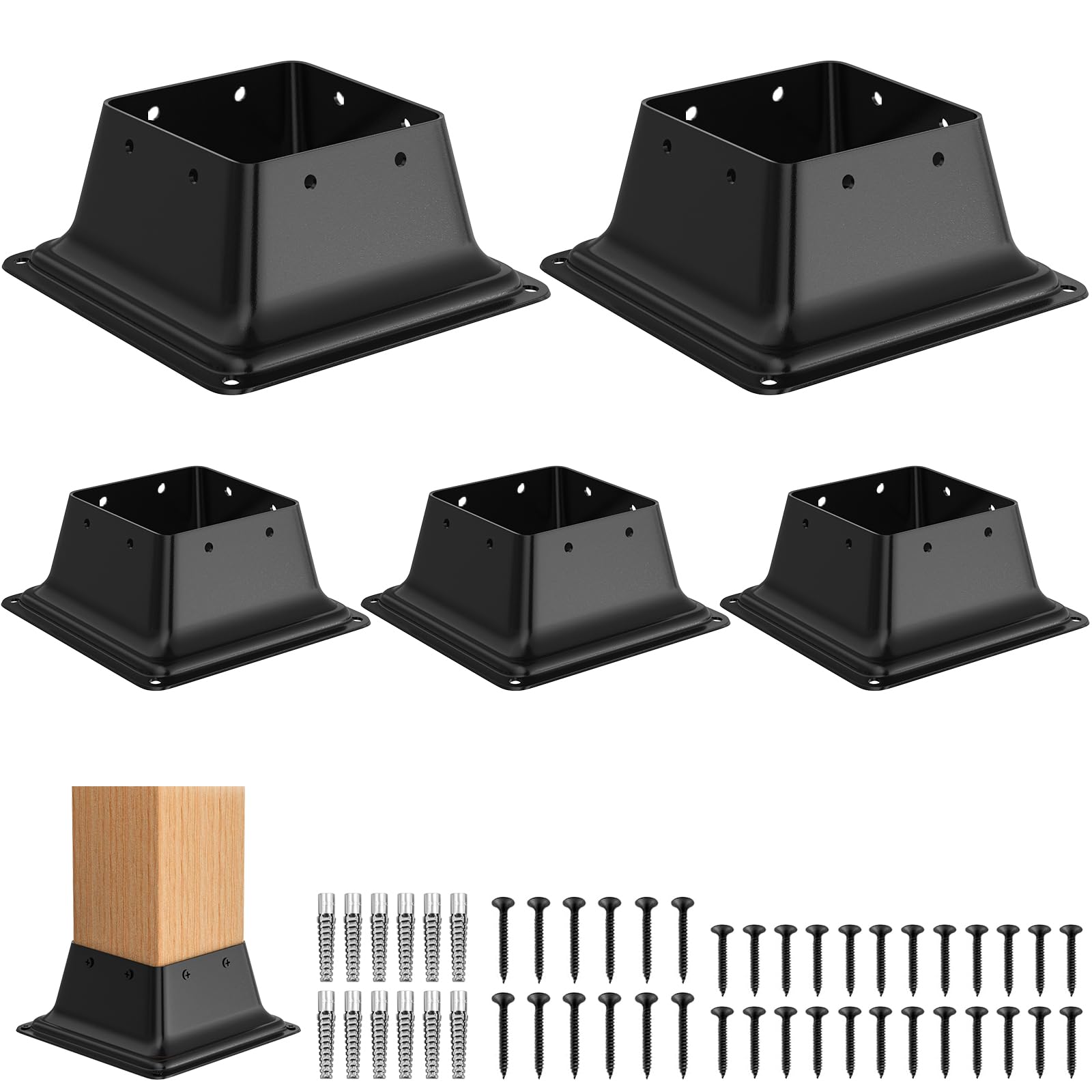 Photo 1 of FMhotu 4x4 Post Base 5Pcs,Heavy Duty 4x4 Post Bracket Fit 3.5"x3.5" Standard Lumber, Steel Deck Post Base for Deck Porch Handrail Railing Support with Screws